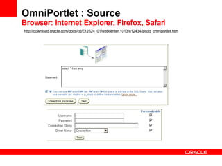 OmniPortlet : Source Browser: Internet Explorer, Firefox, Safari http://download.oracle.com/docs/cd/E12524_01/webcenter.1013/e12434/jpsdg_omniportlet.htm 
