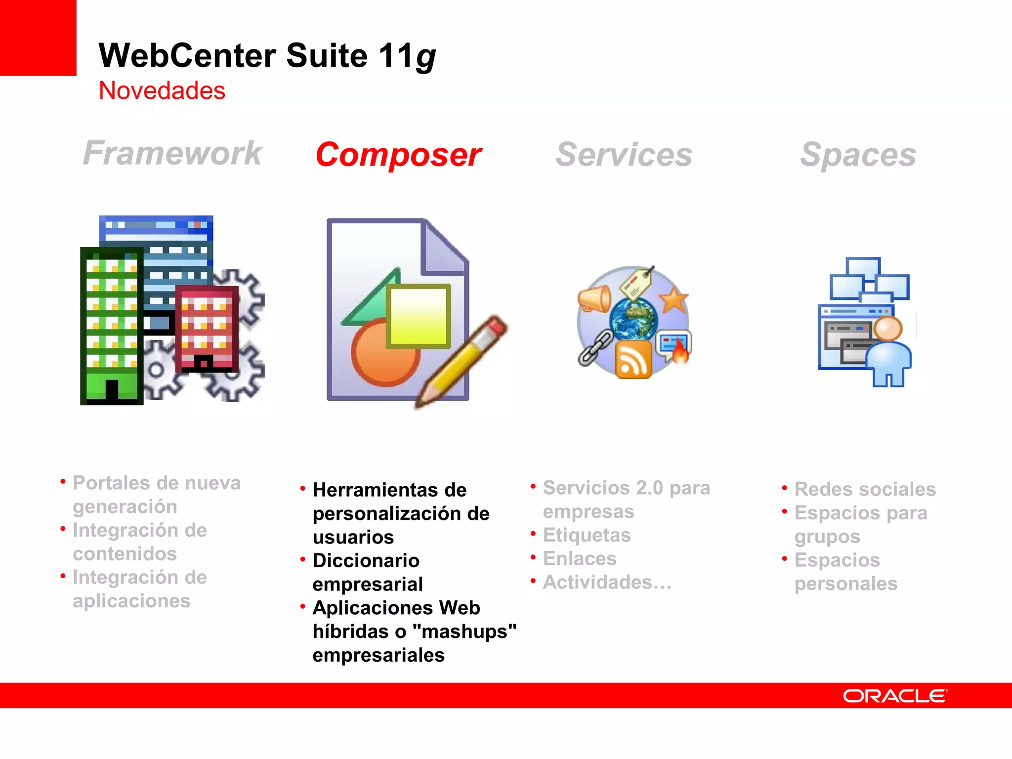 WebCenter Suite 11g
    Novedades

  Framework            Composer                  Services              Spaces




• Portales de nueva   • Herramientas de        • Servicios 2.0 para   • Redes sociales
  generación            personalización de       empresas             • Espacios para
• Integración de        usuarios               • Etiquetas              grupos
  contenidos          • Diccionario            • Enlaces              • Espacios
• Integración de        empresarial            • Actividades…           personales
  aplicaciones        • Aplicaciones Web
                        híbridas o "mashups"
                        empresariales
 