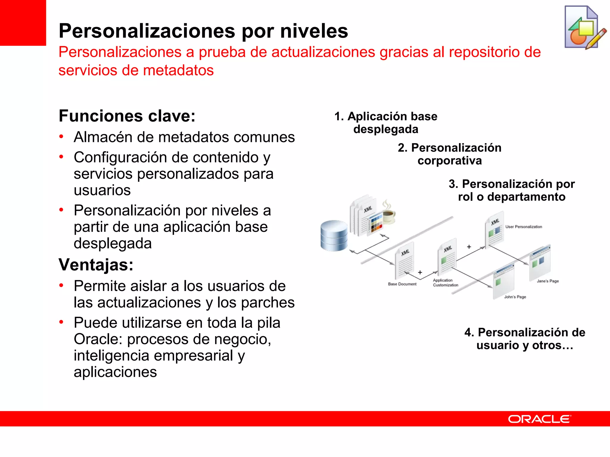 Personalizaciones por niveles
Personalizaciones a prueba de actualizaciones gracias al repositorio de
servicios de metadatos


Funciones clave:                        1. Aplicación base
                                            desplegada
• Almacén de metadatos comunes
                                                   2. Personalización
• Configuración de contenido y                         corporativa
  servicios personalizados para
                                                             3. Personalización por
  usuarios                                                     rol o departamento
• Personalización por niveles a
  partir de una aplicación base
  desplegada
Ventajas:
• Permite aislar a los usuarios de
  las actualizaciones y los parches
• Puede utilizarse en toda la pila
                                                               4. Personalización de
  Oracle: procesos de negocio,                                    usuario y otros…
  inteligencia empresarial y
  aplicaciones
 
