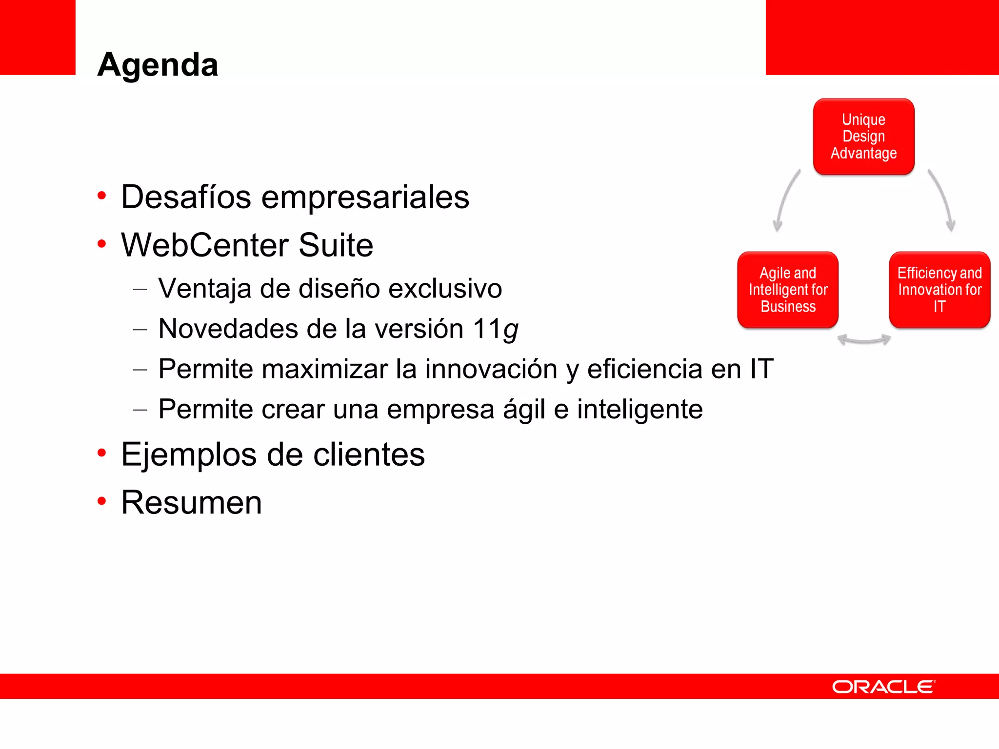 Agenda


• Desafíos empresariales
• WebCenter Suite
  –   Ventaja de diseño exclusivo
  –   Novedades de la versión 11g
  –   Permite maximizar la innovación y eficiencia en IT
  –   Permite crear una empresa ágil e inteligente
• Ejemplos de clientes
• Resumen
 