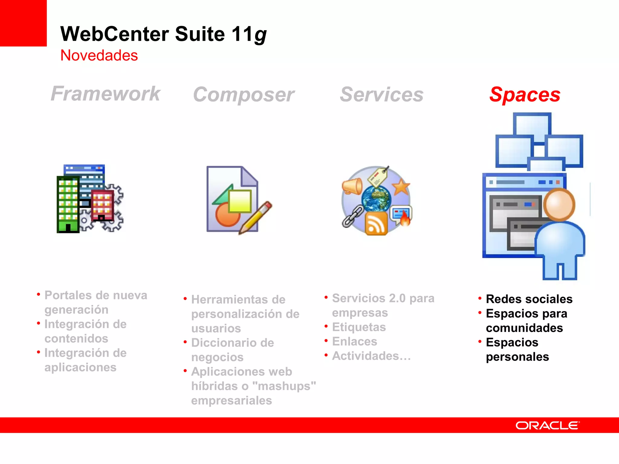 WebCenter Suite 11g
    Novedades

  Framework            Composer                  Services              Spaces




• Portales de nueva   • Herramientas de        • Servicios 2.0 para   • Redes sociales
  generación            personalización de       empresas             • Espacios para
• Integración de        usuarios               • Etiquetas              comunidades
  contenidos          • Diccionario de         • Enlaces              • Espacios
• Integración de        negocios               • Actividades…           personales
  aplicaciones        • Aplicaciones web
                        híbridas o "mashups"
                        empresariales
 