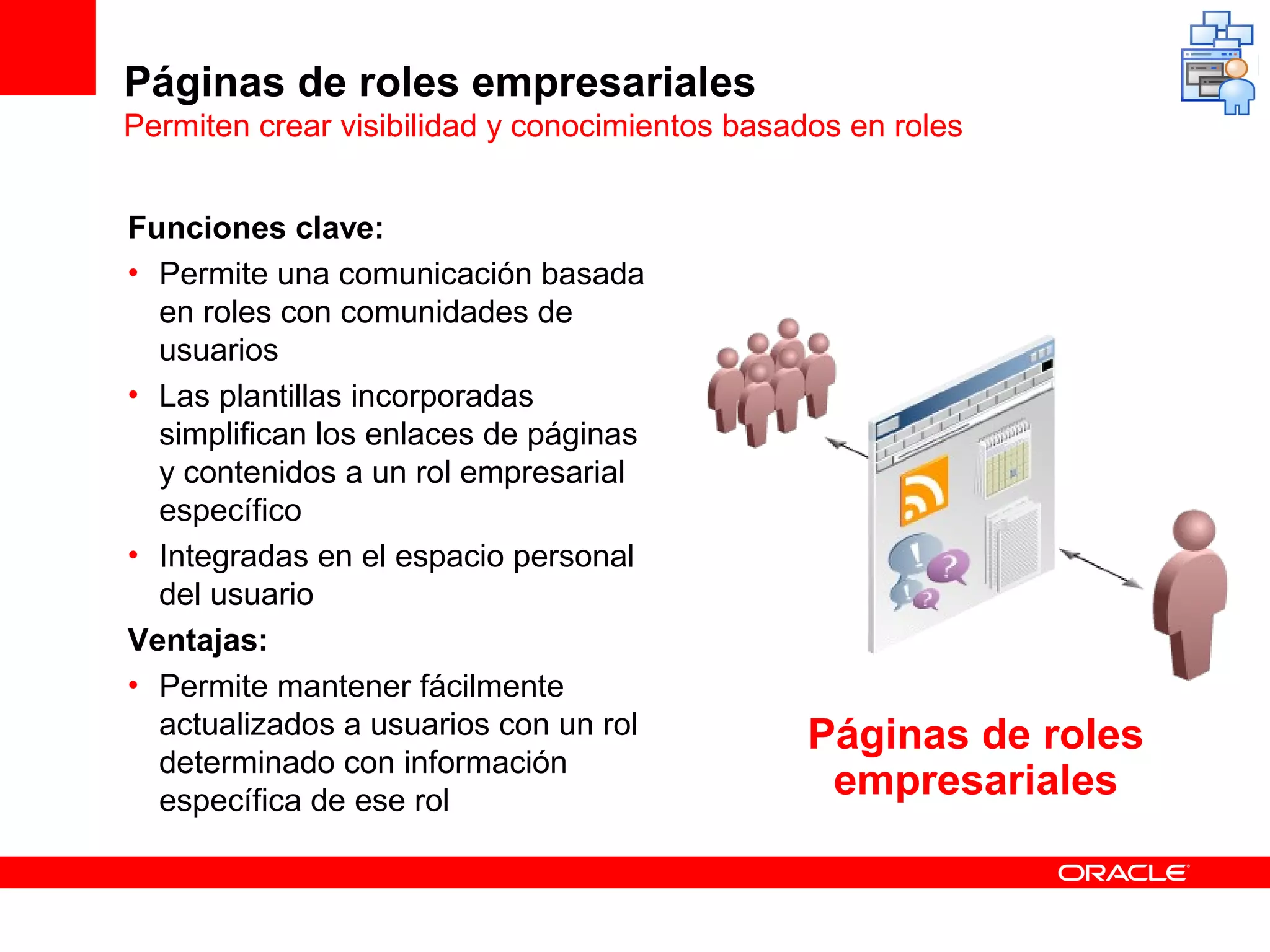 Páginas de roles empresariales
Permiten crear visibilidad y conocimientos basados en roles


Funciones clave:
• Permite una comunicación basada
  en roles con comunidades de
  usuarios
• Las plantillas incorporadas
  simplifican los enlaces de páginas
  y contenidos a un rol empresarial
  específico
• Integradas en el espacio personal
  del usuario
Ventajas:
• Permite mantener fácilmente
  actualizados a usuarios con un rol            Páginas de roles
  determinado con información
  específica de ese rol
                                                 empresariales
 