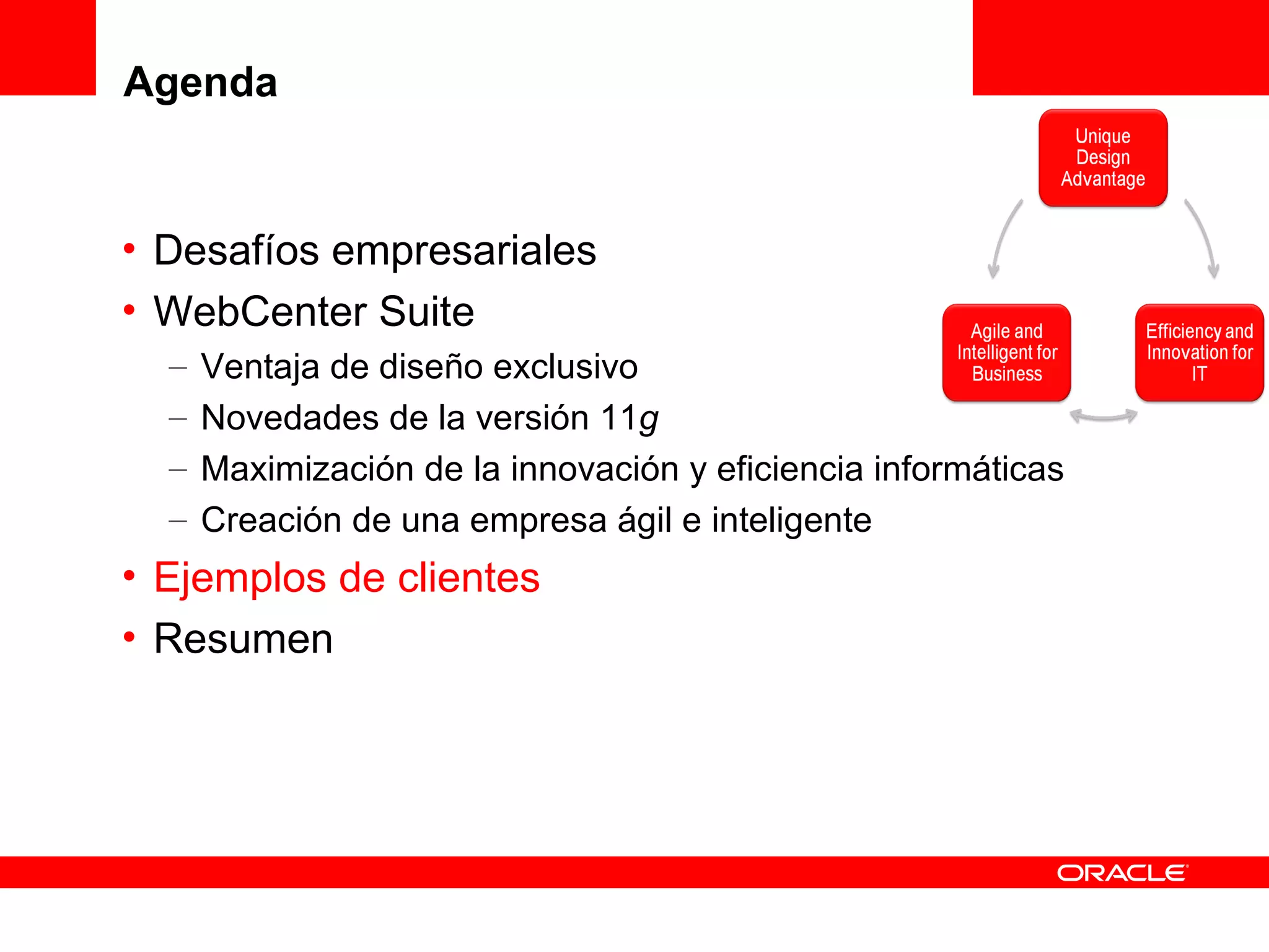 Agenda


• Desafíos empresariales
• WebCenter Suite
  –   Ventaja de diseño exclusivo
  –   Novedades de la versión 11g
  –   Maximización de la innovación y eficiencia informáticas
  –   Creación de una empresa ágil e inteligente
• Ejemplos de clientes
• Resumen
 