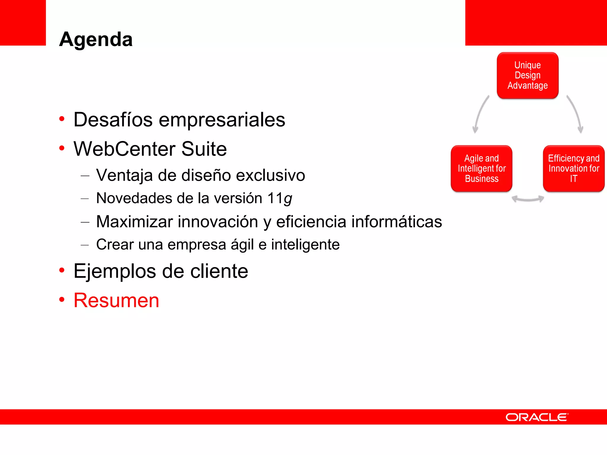 Agenda


• Desafíos empresariales
• WebCenter Suite
  – Ventaja de diseño exclusivo
  – Novedades de la versión 11g
  – Maximizar innovación y eficiencia informáticas
  – Crear una empresa ágil e inteligente
• Ejemplos de cliente
• Resumen
 