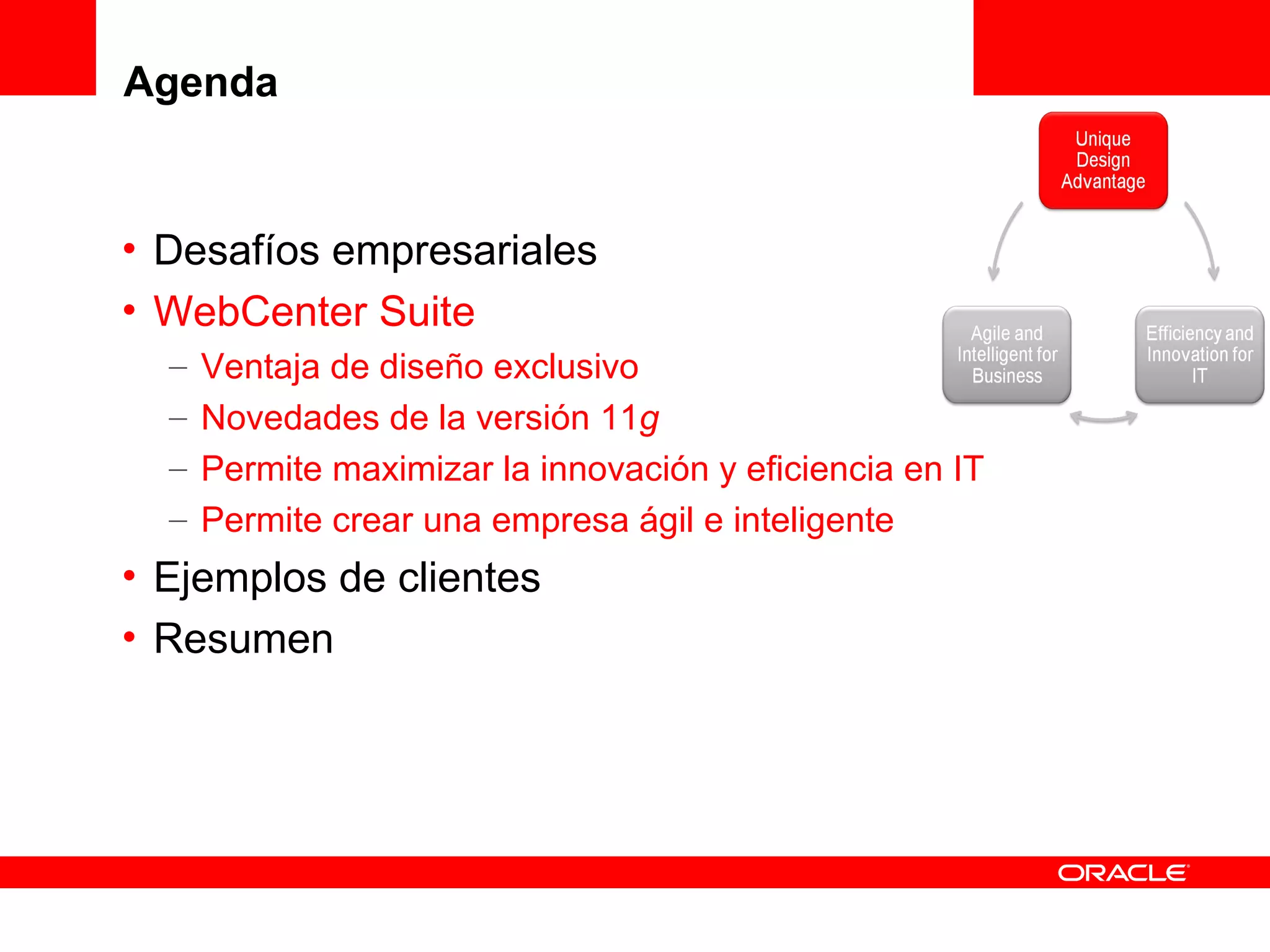 Agenda


• Desafíos empresariales
• WebCenter Suite
  –   Ventaja de diseño exclusivo
  –   Novedades de la versión 11g
  –   Permite maximizar la innovación y eficiencia en IT
  –   Permite crear una empresa ágil e inteligente
• Ejemplos de clientes
• Resumen
 