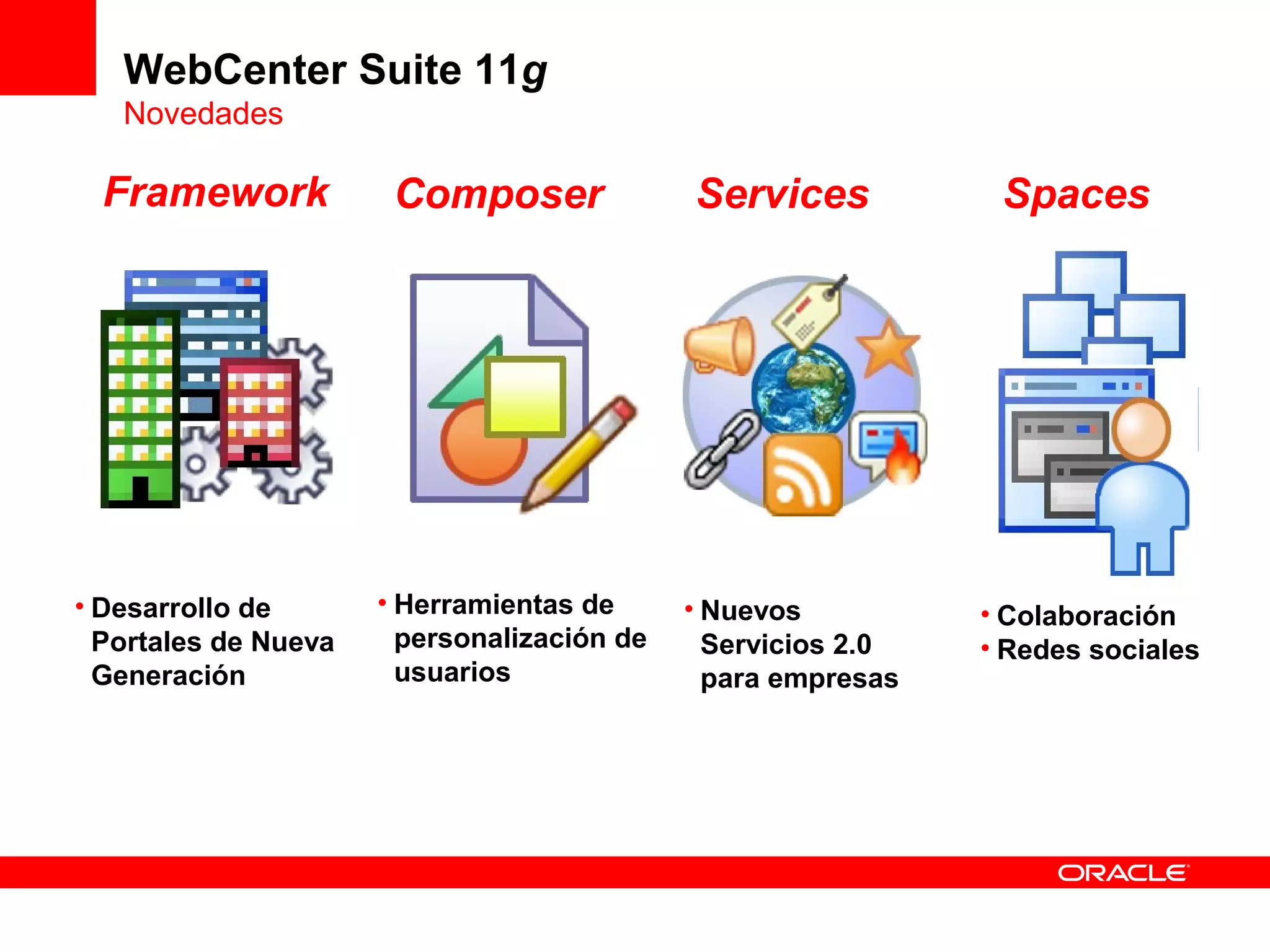 WebCenter Suite 11g
   Novedades

  Framework            Composer              Services           Spaces




• Desarrollo de       • Herramientas de      • Nuevos          • Colaboración
  Portales de Nueva     personalización de     Servicios 2.0   • Redes sociales
  Generación            usuarios               para empresas
 