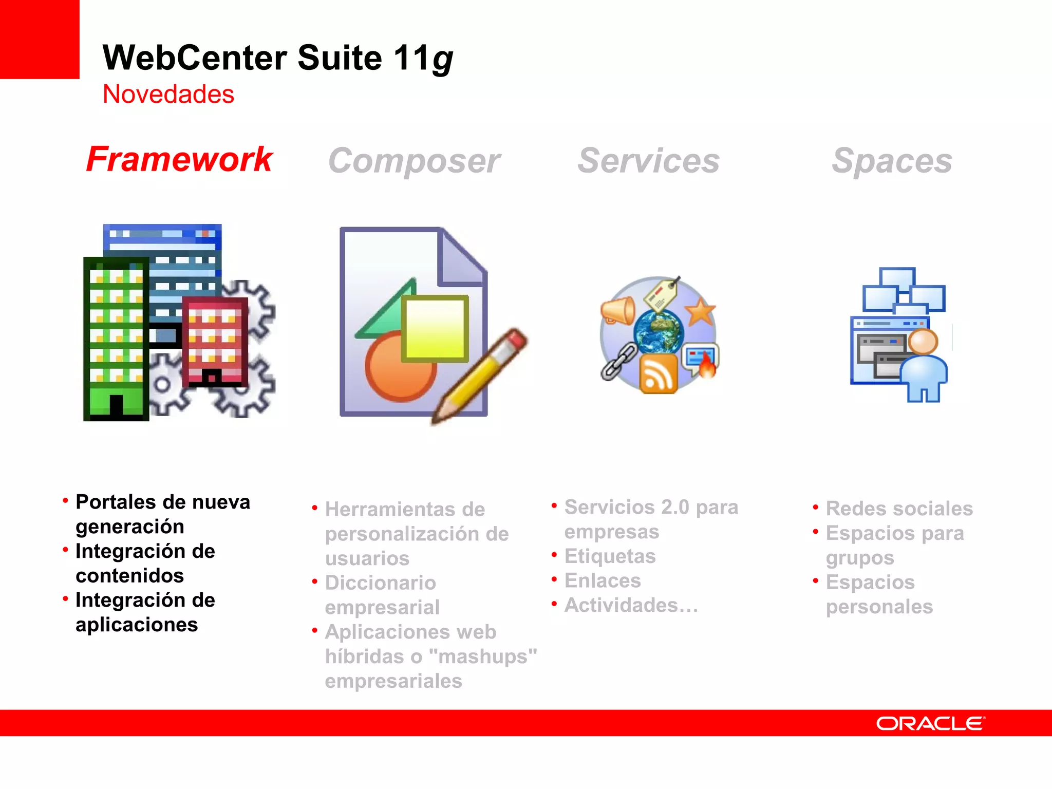 WebCenter Suite 11g
    Novedades

  Framework            Composer                  Services              Spaces




• Portales de nueva   • Herramientas de        • Servicios 2.0 para   • Redes sociales
  generación            personalización de       empresas             • Espacios para
• Integración de        usuarios               • Etiquetas              grupos
  contenidos          • Diccionario            • Enlaces              • Espacios
• Integración de        empresarial            • Actividades…           personales
  aplicaciones        • Aplicaciones web
                        híbridas o "mashups"
                        empresariales
 