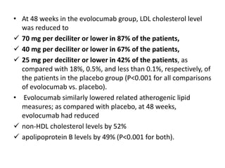• At 48 weeks in the evolocumab group, LDL cholesterol level
was reduced to
 70 mg per deciliter or lower in 87% of the patients,
 40 mg per deciliter or lower in 67% of the patients,
 25 mg per deciliter or lower in 42% of the patients, as
compared with 18%, 0.5%, and less than 0.1%, respectively, of
the patients in the placebo group (P<0.001 for all comparisons
of evolocumab vs. placebo).
• Evolocumab similarly lowered related atherogenic lipid
measures; as compared with placebo, at 48 weeks,
evolocumab had reduced
 non-HDL cholesterol levels by 52%
 apolipoprotein B levels by 49% (P<0.001 for both).
 