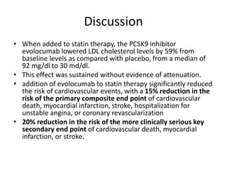 Discussion
• When added to statin therapy, the PCSK9 inhibitor
evolocumab lowered LDL cholesterol levels by 59% from
baseline levels as compared with placebo, from a median of
92 mg/dl to 30 md/dl.
• This effect was sustained without evidence of attenuation.
• addition of evolocumab to statin therapy significantly reduced
the risk of cardiovascular events, with a 15% reduction in the
risk of the primary composite end point of cardiovascular
death, myocardial infarction, stroke, hospitalization for
unstable angina, or coronary revascularization
• 20% reduction in the risk of the more clinically serious key
secondary end point of cardiovascular death, myocardial
infarction, or stroke.
 