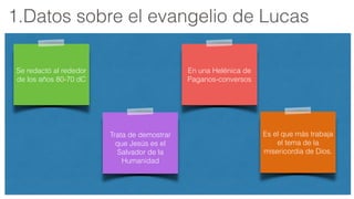1.Datos sobre el evangelio de Lucas
Se redactó al rededor
de los años 80-70 dC
En una Helénica de
Paganos-conversos
!
Trata de demostrar
que Jesús es el
Salvador de la
Humanidad
Es el que más trabaja
el tema de la
misericordia de Dios.
 