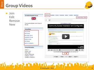 More
       Group Videos
          Join
           Edit
           Remove
           New




                      © Joomlapolis - 2011   24
 