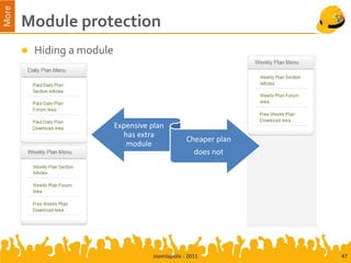 More
       Module protection
          Hiding a module




                             Expensive plan
                               has extra
                                                     Cheaper plan
                                module
                                                        does not




                                        Joomlapolis - 2011          47
 