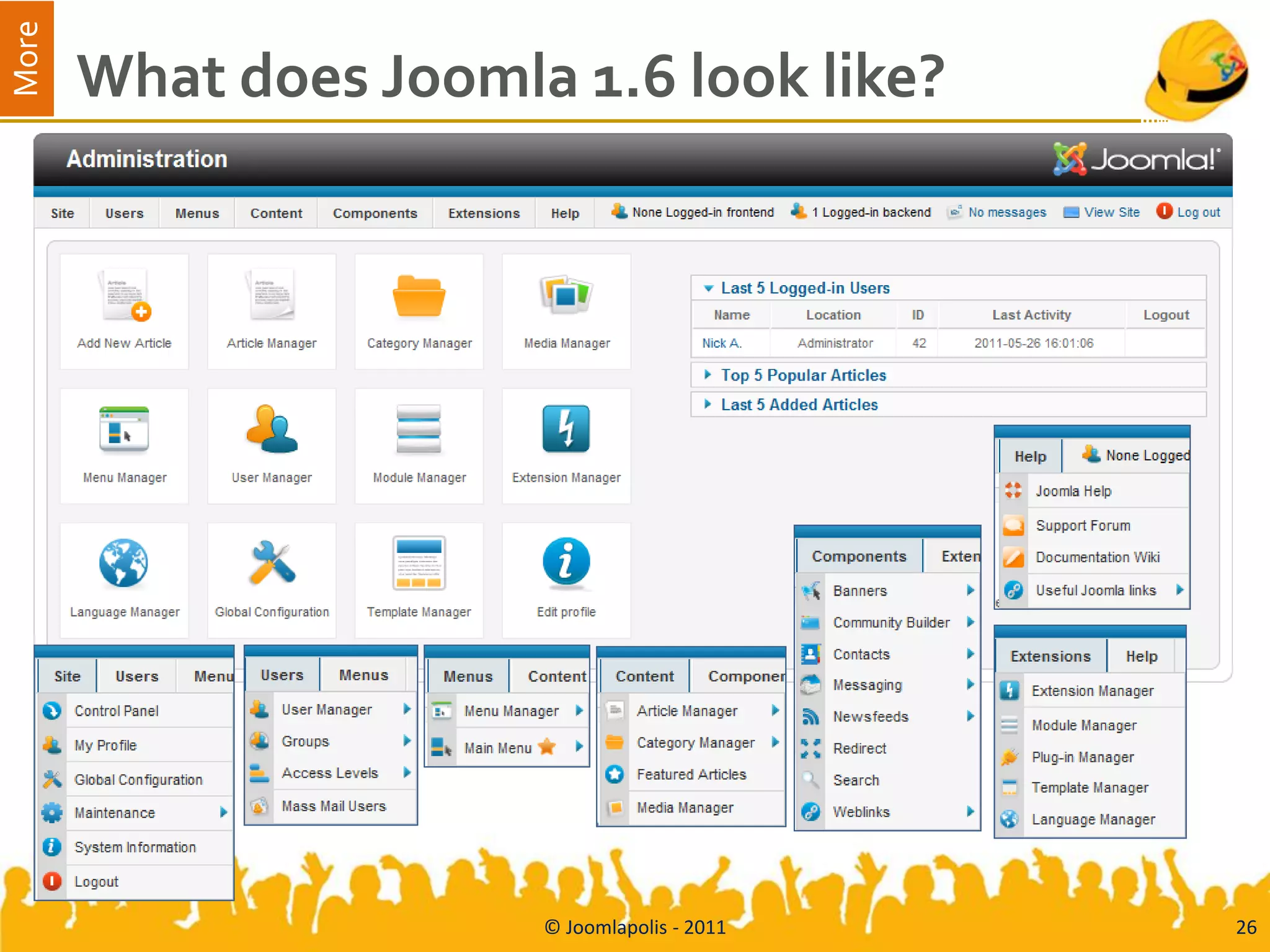 More
       What does Joomla 1.6 look like?




                       © Joomlapolis - 2011   26
 