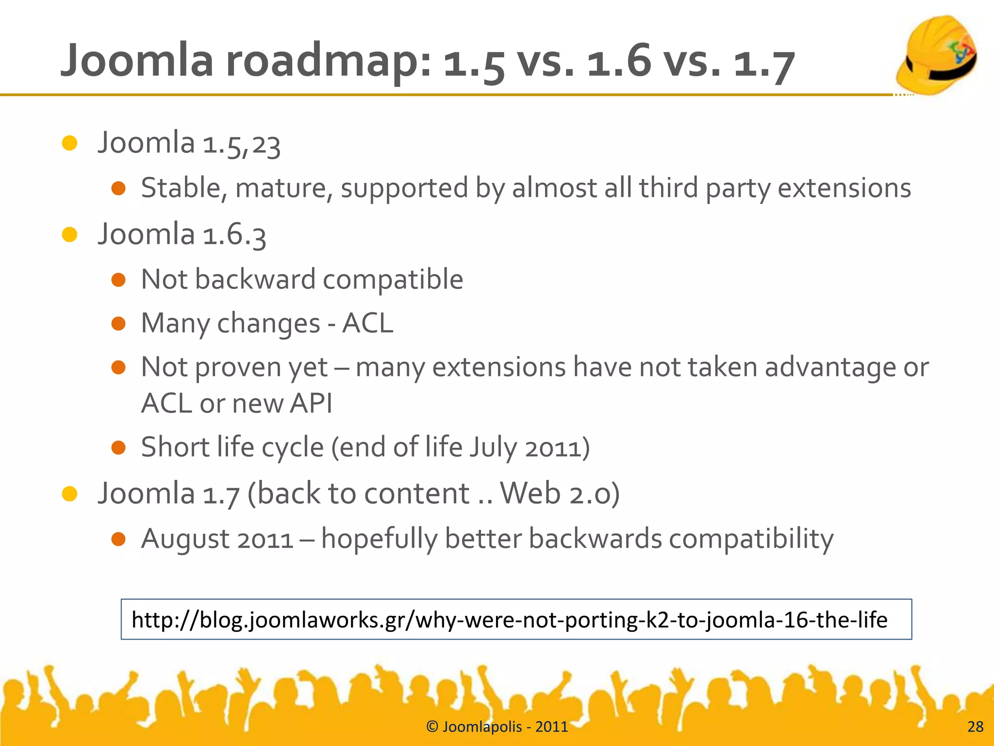 Joomla roadmap: 1.5 vs. 1.6 vs. 1.7
   Joomla 1.5,23
       Stable, mature, supported by almost all third party extensions
   Joomla 1.6.3
       Not backward compatible
       Many changes - ACL
       Not proven yet – many extensions have not taken advantage or
        ACL or new API
       Short life cycle (end of life July 2011)
   Joomla 1.7 (back to content .. Web 2.o)
       August 2011 – hopefully better backwards compatibility

        http://blog.joomlaworks.gr/why-were-not-porting-k2-to-joomla-16-the-life



                                   © Joomlapolis - 2011                            28
 