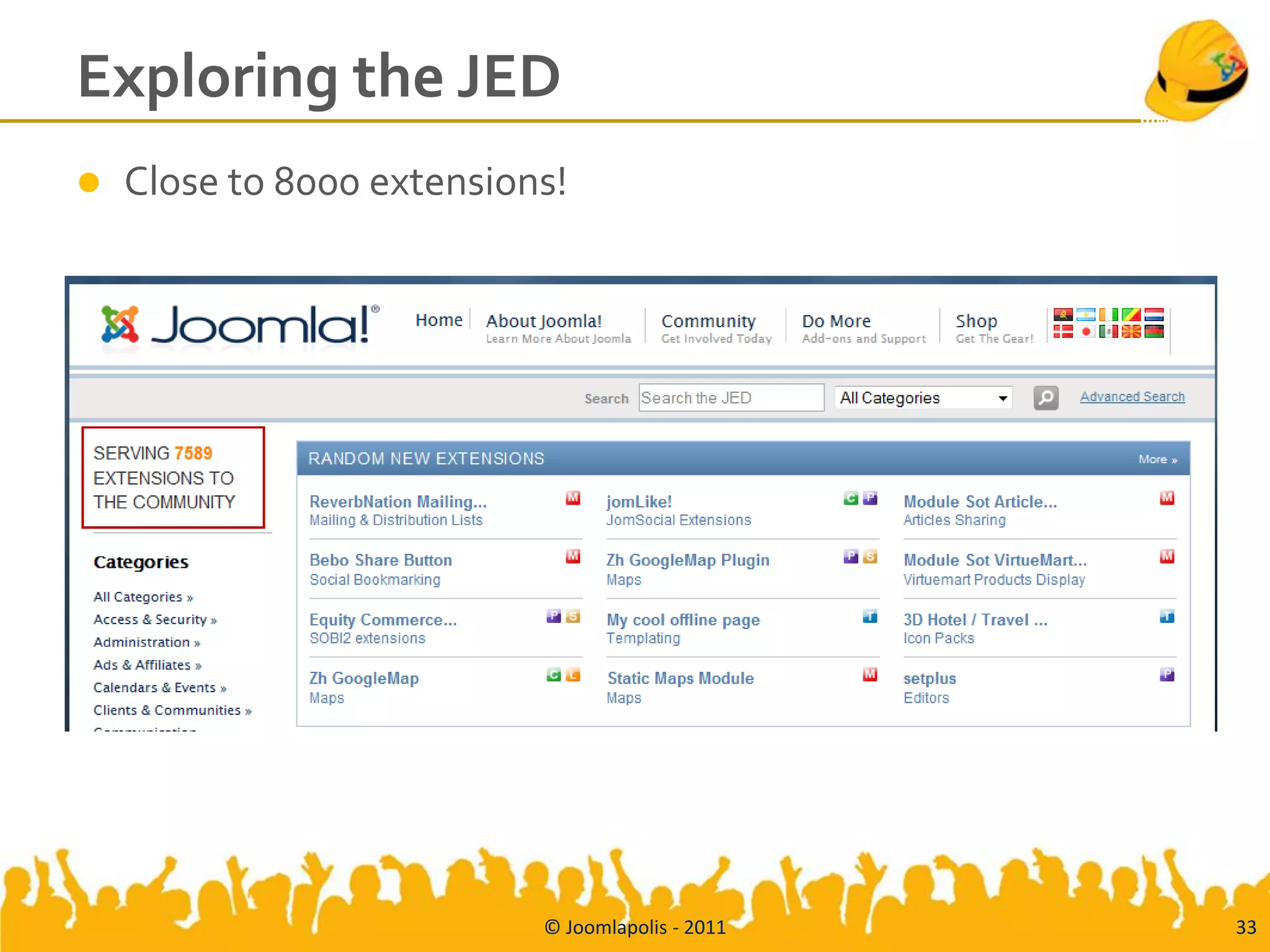 Exploring the JED
   Close to 8000 extensions!




                           © Joomlapolis - 2011   33
 