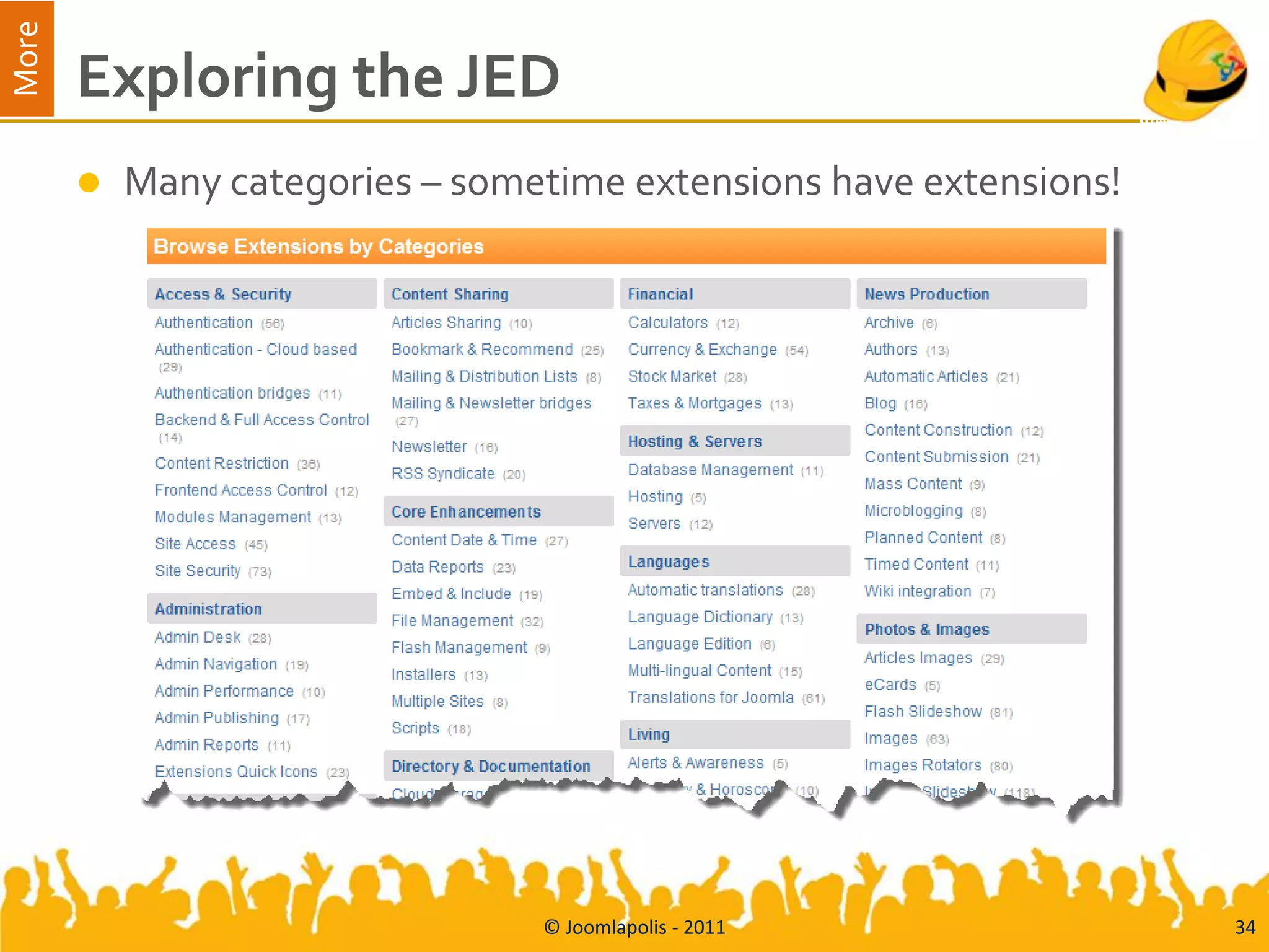 More
       Exploring the JED
          Many categories – sometime extensions have extensions!




                                 © Joomlapolis - 2011               34
 