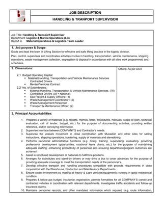 JOB DESCRIPTION
HANDLING & TRANPORT SUPERVISOR

Job Title: Handling & Transport Supervisor
Department :Logistic & Marine Operations (LG)
Report to :Material Operations & Logistics Team Leader

1. Job purpose & Scope:
Guide and lead the team of Lifting Section for effective and safe lifting practice in the logistic division.
Plan, control, supervises and coordinates activities involve in handling, transportation, vehicle maintenance, shipping
operations, waste management collection, segregation & disposal in accordance with all sites work programmed and
schedules.

2. Dimensions:

Others: As per DOA

2.1 Budget Operating Capital:
 Material Handling, Transportation and Vehicle Maintenance Services
Contracted Drivers

Rented Vehicles Contract
2.2 No. of Subordinates;

Material Handling, Transportation & Vehicle Maintenance Services. (78)

Contracted Drivers (38 + National)

Sea Freight & Supply Officers: (4)

Waste Management Coordinator : (2)

Waste Management Personnel:

Transport & Maintenance Officer: (2)

3. Principal Accountabilities:
1. Prepares a variety of materials (e.g. reports, memos, letter, procedures, manuals, scope of work, technical
evaluation, call of tender, budget, etc.) for the purpose of documenting activities, providing written
reference, and/or conveying information.
2. Supervise interface between COMPANY’S and Contractor’s needs.
3. Supervise the vessels movement in close coordination with Mussafah and other sites for sailing
instructions, shipping operations, bunkering, supply of materials and stevedoring.
4. Performs personnel administrative functions (e.g. hiring, training, supervising, evaluating, providing
professional development opportunities, rotational leave charts, etc.) for the purpose of maintaining
adequate staffing, enhancing productivity of personnel and ensuring department/program outcomes are
achieved.
5. Assist is structured development of nationals to fullfil line positions.
6. Arranges for substitutes and stand-by drivers or may drive a bus to cover absences for the purpose of
providing adequate coverage to meet the transportation needs of the personnel’s.
7. Develop effective transport and handling procedures compatible with projects requirements in close
cooperation with the Warehouse, Production and Maintenance Departments.
8. Ensure clean environment by making all heavy & Light vehicles/equipment’s running in good mechanical
condition.
9. Prepares & follow-ups budget, insurance, registration, permits formalities for all COMPANY’S owned and
contracted vehicles in coordination with relevant departments. Investigates traffic accidents and follow-up
insurance claims.
10. Maintains personnel records, and other mandated information which required (e.g. route information,

 