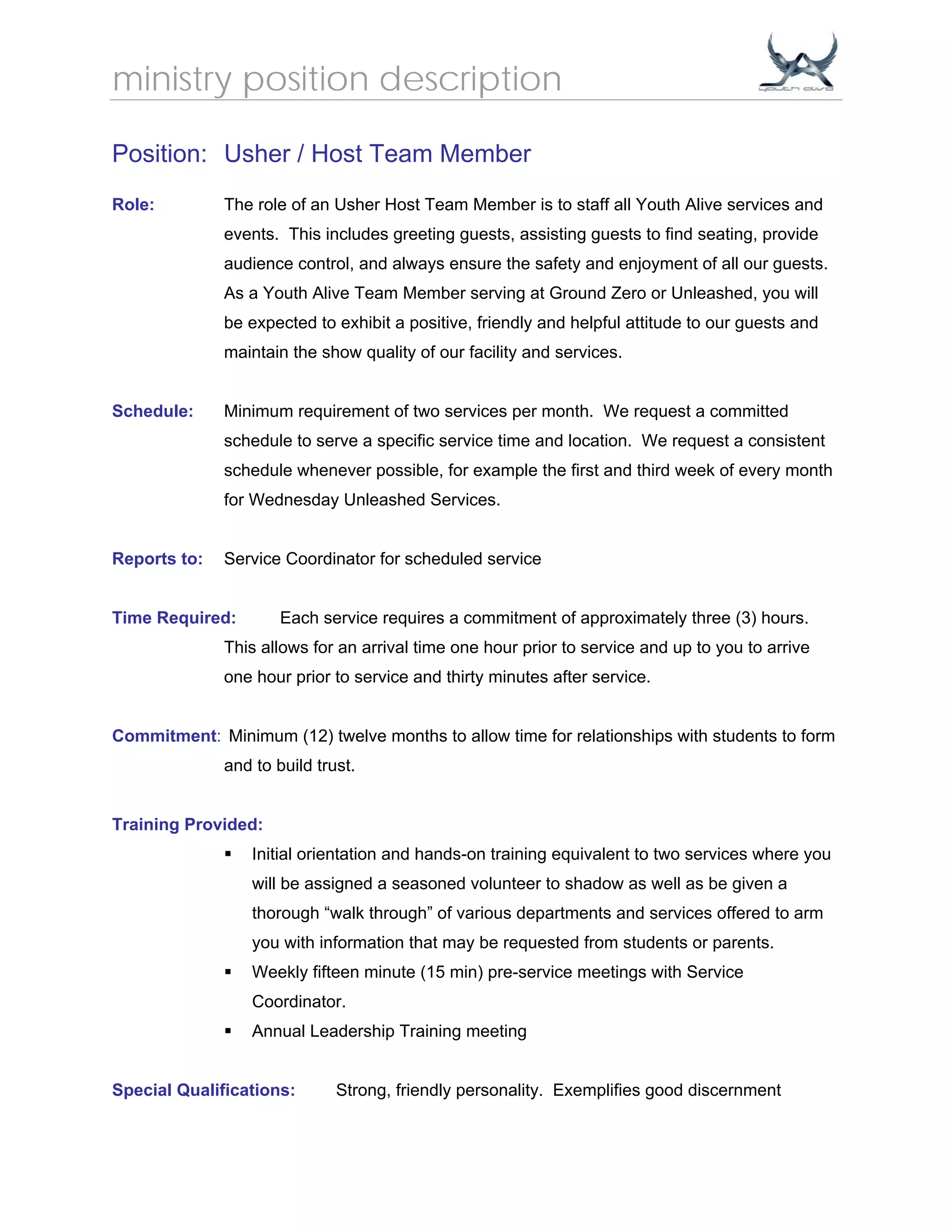 Job Description Ushers PDF
