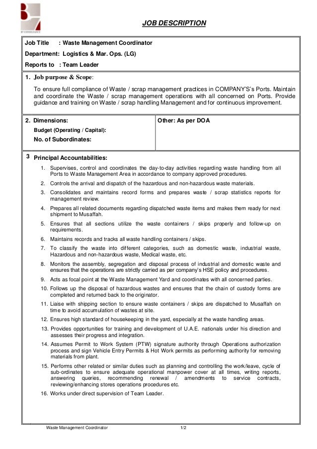 JD WASTE MANAGEMENT COORDINATOR