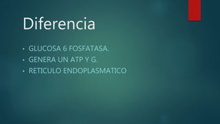 Diferencia
• GLUCOSA 6 FOSFATASA.
• GENERA UN ATP Y G.
• RETICULO ENDOPLASMATICO
 