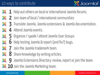www.joomla.org Joomla!Day Switzerland 2013
1
2
3
4
5
6
7
8
9
10
Help out others on local or international Joomla forums.
Join team of local / international communities
Translate Joomla, Joomla extensions & Joomla documentation.
Attend Joomla events.
Organize / speak / attend Joomla User Groups.
Help testing Joomla & report (and fix?) bugs.
Join the Joomla trademark team.
Share knowledge by writing articles.
Joomla Extensions Directory: review, report or join the team.
Join the Joomla Marketing team.
10 ways to contribute
 