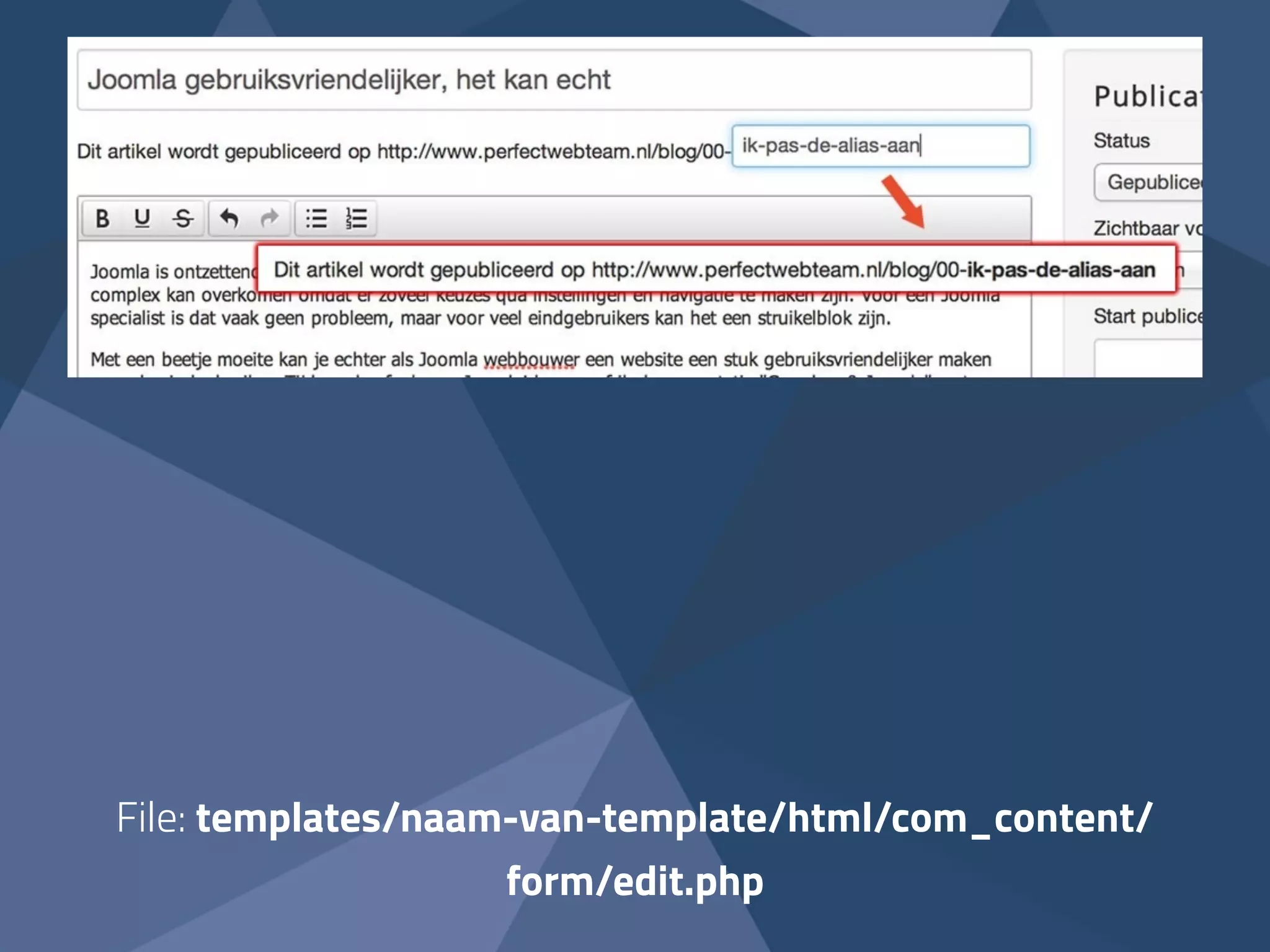 File: templates/naam-van-template/html/com_content/ 
form/edit.php 
 