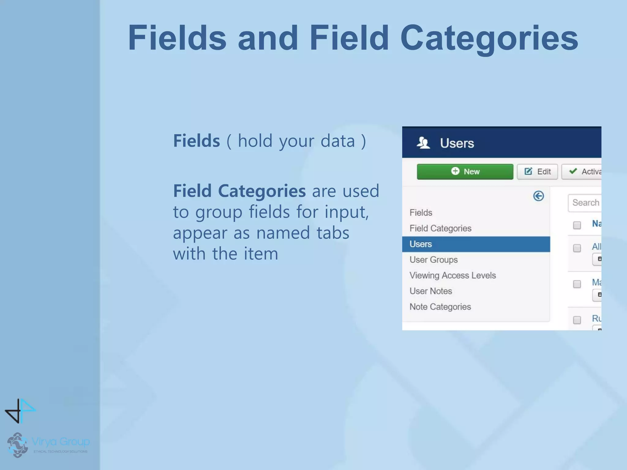 Fields and Field Categories
Fields ( hold your data )
Field Categories are used
to group fields for input,
appear as named tabs
with the item
 