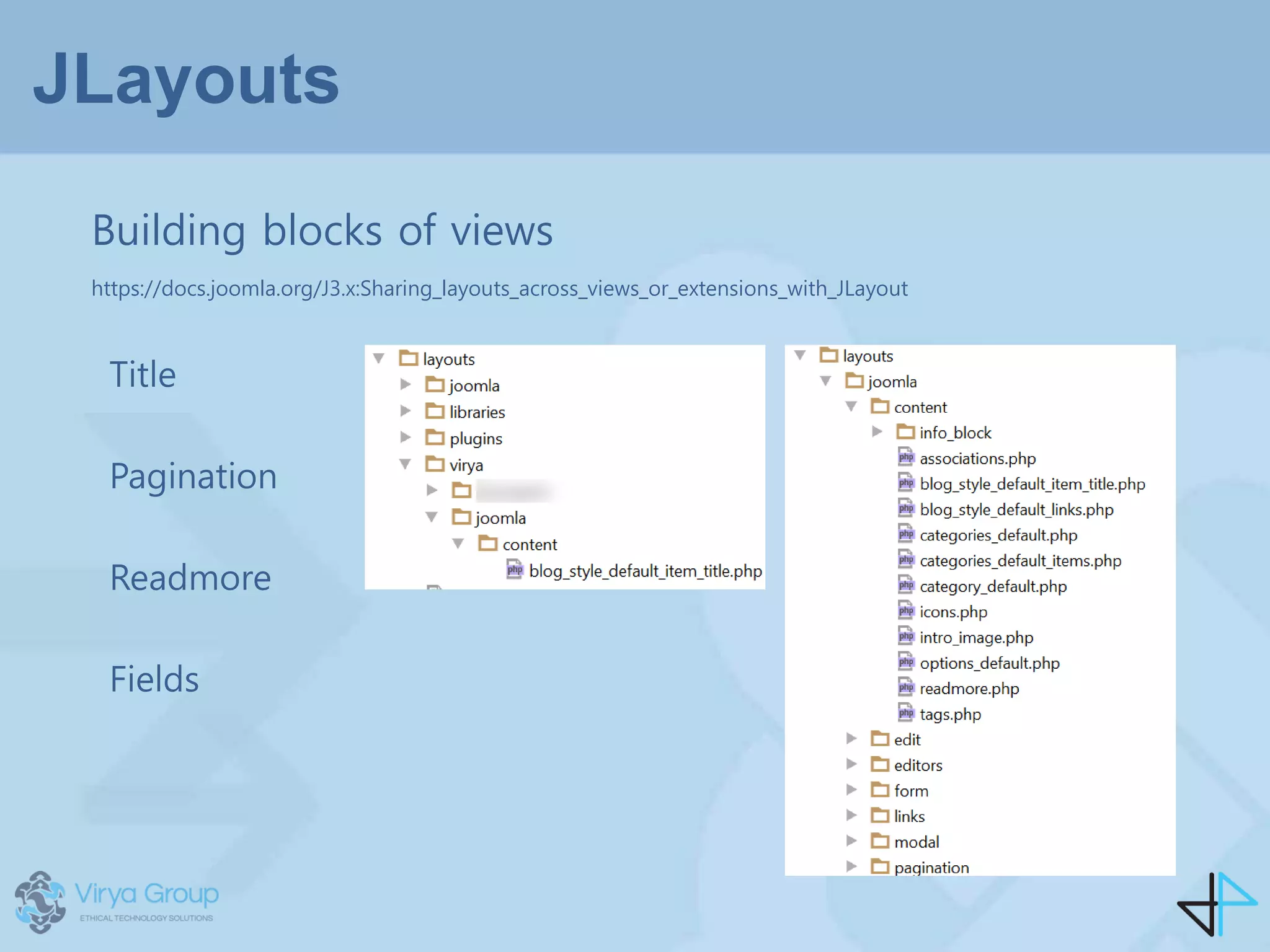 JLayouts
Building blocks of views
https://docs.joomla.org/J3.x:Sharing_layouts_across_views_or_extensions_with_JLayout
Title
Pagination
Readmore
Fields
 