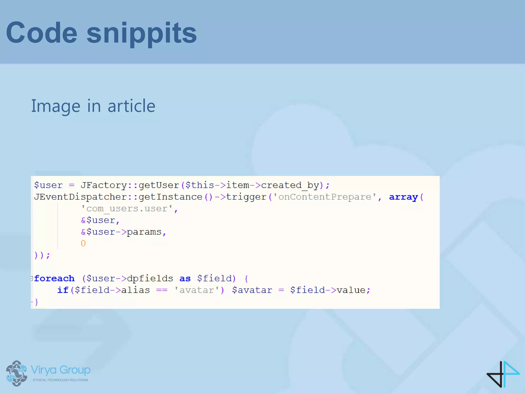 Code snippits
Image in article
 