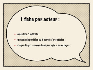 1 ﬁche par acteur :

objectifs / intérêts :

moyens disponibles ou à portée / stratégies :

risque d’agir... comme de ne pas agir / avantages:
 