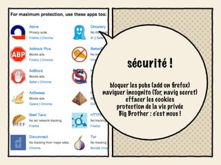 sécurité !
  bloquer les pubs (add on ﬁrefox)
naviguer incognito (Tor, navig secret)
         effacer les cookies
     protection de la vie privée
      Big Brother : c’est nous !
 