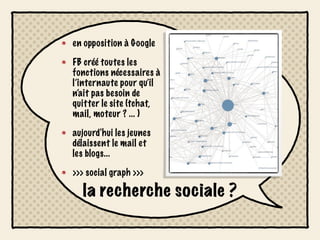 en opposition à Google

FB créé toutes les
fonctions nécessaires à
l’internaute pour qu’il
n’ait pas besoin de
quitter le site (tchat,
mail, moteur ? ... )

aujourd'hui les jeunes
délaissent le mail et
les blogs...

>>> social graph >>>

  la recherche sociale ?
 