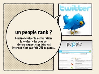 un people rank ?
   besoin d’évaluer la e-réputation,
       la «valeur» des gens qui
    «interviennent» sur internet
internet n’est pas fait QUE de pages...
 