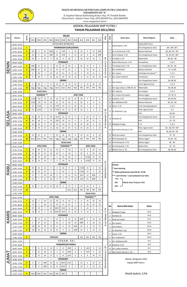 Jadwal Pelajaran SMP Putra I | PDF