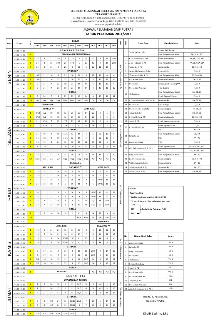 Contoh Roster Mata Pelajaran