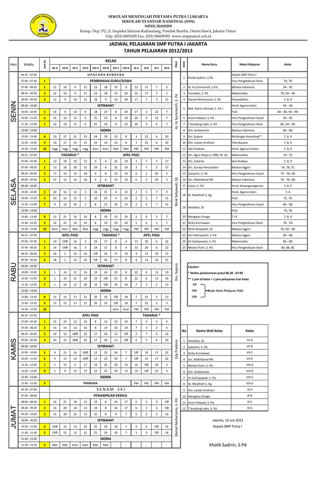 Jadwal Pelajaran SMP Putra I Tahun Pelajaran 2012 -2013 | PDF