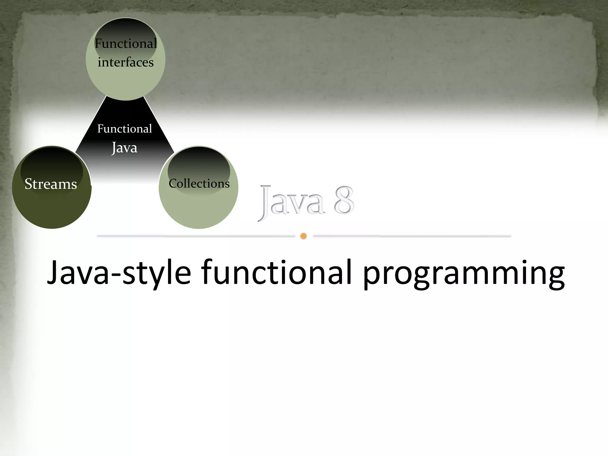 Java-style functional programming
CollectionsStreams
Functional
interfaces
Functional
Java
 