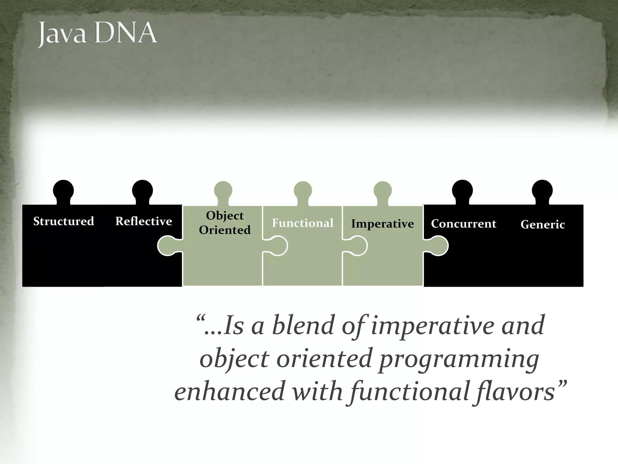 Object
Oriented
ReflectiveStructured Functional
Generic
Concurrent GenericImperative
“…Is a blend of imperative and
object oriented programming
enhanced with functional flavors”
 