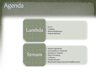 Agenda
• Java 8
• Lambdas
• Method References
• Default Methods
Lambda
• Stream Operations
• Intermediate vs. Terminal
• Stateless vs. Stateful
• Short-Circuiting
• Collectors
• Parallel Streams
• Benchmark Sequential and Paralllel stream
Stream
 