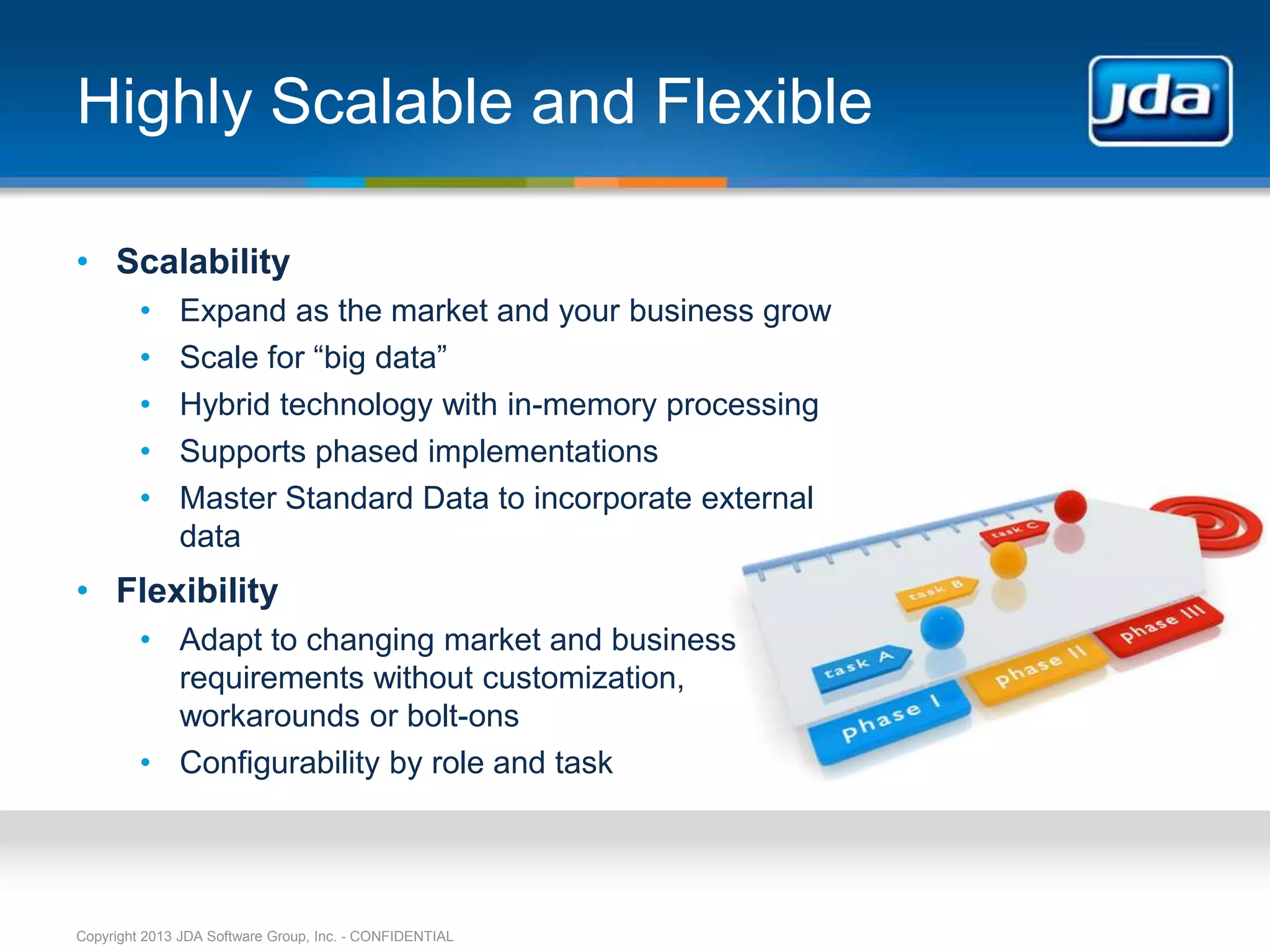 Highly Scalable and Flexible

• Scalability
         •    Expand as the market and your business grow
         •    Scale for “big data”
         •    Hybrid technology with in-memory processing
         •    Supports phased implementations
         •    Master Standard Data to incorporate external
              data
• Flexibility
         • Adapt to changing market and business
           requirements without customization,
           workarounds or bolt-ons
         • Configurability by role and task




Copyright 2013 JDA Software Group, Inc. - CONFIDENTIAL
 