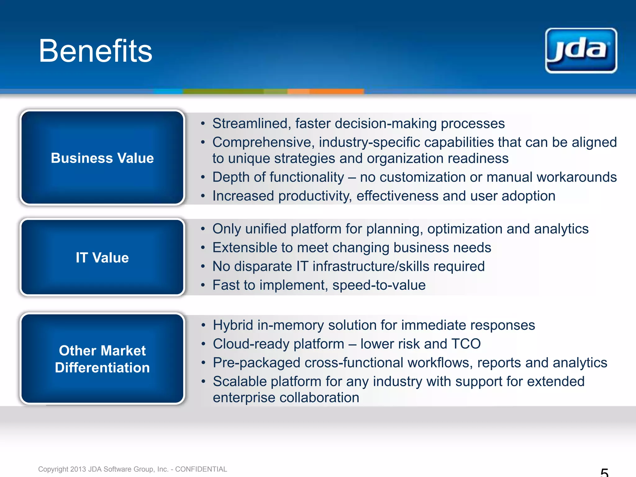 Benefits

                                              • Streamlined, faster decision-making processes
                                              • Comprehensive, industry-specific capabilities that can be aligned
   Business Value                               to unique strategies and organization readiness
                                              • Depth of functionality – no customization or manual workarounds
                                              • Increased productivity, effectiveness and user adoption

                                              •   Only unified platform for planning, optimization and analytics
                                              •   Extensible to meet changing business needs
          IT Value
                                              •   No disparate IT infrastructure/skills required
                                              •   Fast to implement, speed-to-value

                                              •   Hybrid in-memory solution for immediate responses
    Other Market                              •   Cloud-ready platform – lower risk and TCO
    Differentiation                           •   Pre-packaged cross-functional workflows, reports and analytics
                                              •   Scalable platform for any industry with support for extended
                                                  enterprise collaboration



Copyright 2013 JDA Software Group, Inc. - CONFIDENTIAL
 