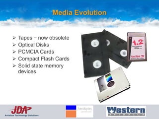 Media Evolution


          Tapes – now obsolete
          Optical Disks
          PCMCIA Cards
          Compact Flash Cards
          Solid state memory
           devices




Aviation Technology Solutions
 