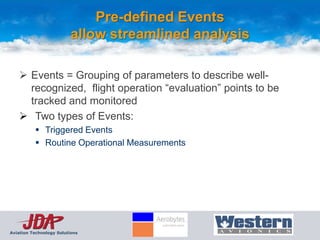 Pre-defined Events
                         allow streamlined analysis

     Events = Grouping of parameters to describe well-
      recognized, flight operation “evaluation” points to be
      tracked and monitored
     Two types of Events:
           Triggered Events
           Routine Operational Measurements




Aviation Technology Solutions
 