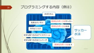 名前はけいすけ
プログラミングする内容（例④）
おぼえもん
年令は１０才
好きな食べものはアイスクリーム
好きな食べものはハンバーグ
好きなスポーツはサッカー
好きなスポーツは水泳
好きなスポーツは＄Ｘ
サッカー
水泳
9/29/2017
28
 