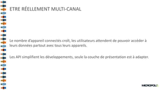 25
ETRE RÉELLEMENT MULTI-CANAL
Le nombre d’appareil connectés croît, les utilisateurs attendent de pouvoir accéder à
leurs données partout avec tous leurs appareils.
Les API simplifient les développements, seule la couche de présentation est à adapter.
 