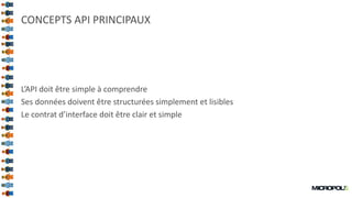 44
CONCEPTS API PRINCIPAUX
L’API doit être simple à comprendre
Ses données doivent être structurées simplement et lisibles
Le contrat d’interface doit être clair et simple
 