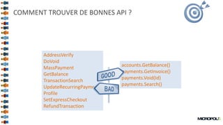46
COMMENT TROUVER DE BONNES API ?
AddressVerify
DoVoid
MassPayment
GetBalance
TransactionSearch
UpdateRecurringPayment
Profile
SetExpressCheckout
RefundTransaction
accounts.GetBalance()
payments.GetInvoice()
payments.Void(Id)
payments.Search()
 