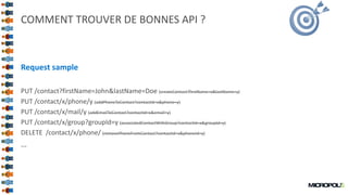 49
COMMENT TROUVER DE BONNES API ?
Request sample
PUT /contact?firstName=John&lastName=Doe (createContact?firstName=x&lastName=y)
PUT /contact/x/phone/y (addPhoneToContact?contactId=x&phone=y)
PUT /contact/x/mail/y (addEmailToContact?contactId=x&email=y)
PUT /contact/x/group?groupId=y (associatedContactWithGroup?contactId=x&groupId=y)
DELETE /contact/x/phone/ (removePhoneFromContact?contactId=x&phoneId=y)
…
 