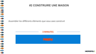 8
#2 CONSTRUIRE UNE MAISON
Assembler les différents éléments que vous avez construit
3 MINUTES
FINISHGOReady
 