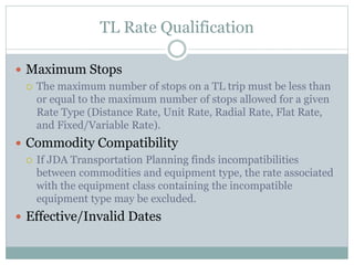 TL Rate Qualification
 Maximum Stops
 The maximum number of stops on a TL trip must be less than
or equal to the maximum number of stops allowed for a given
Rate Type (Distance Rate, Unit Rate, Radial Rate, Flat Rate,
and Fixed/Variable Rate).
 Commodity Compatibility
 If JDA Transportation Planning finds incompatibilities
between commodities and equipment type, the rate associated
with the equipment class containing the incompatible
equipment type may be excluded.
 Effective/Invalid Dates
 